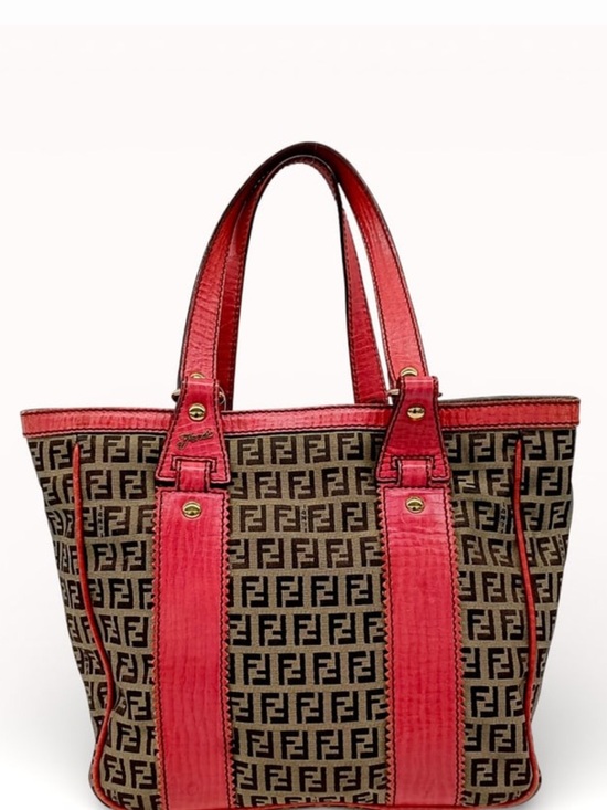 Fendi Handbags - Fendi Brown FF Logo Canvas Tote with Red Leather Trim